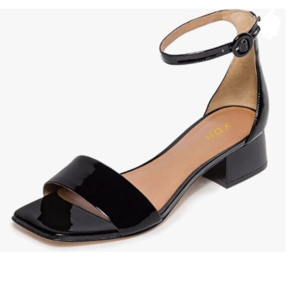 YDN Black Open Square Toe Sandals Low Chunky Heel with Ankle Strap Dress Shoe - Picture 1 of 8